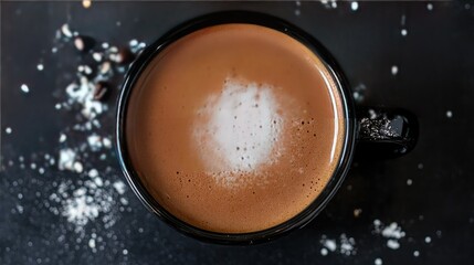 Wall Mural - A close-up of a dark, steaming coffee cup on a black surface, with a hint of creamy foam on top.