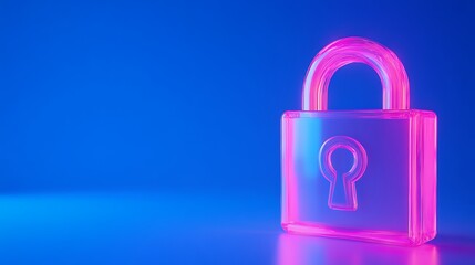 Wall Mural - Vibrant Pink Neon Lock on Blue Background Representing Security and Protection of Data and Information