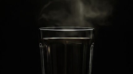 Wall Mural - A close-up of a glass of herbal tea, the steam gently rising against the contrast of a dark, glossy black background.