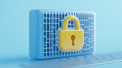 Wall Mural - Yellow padlock on blue digital background symbolizing secure data protection and cybersecurity concepts