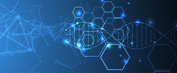 Aufkleber - Glowing neon DNA chain. Biotechnology, biochemistry, science, medicine concept.