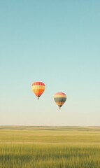Poster - Colorful hot air balloons float gracefully over an expansive green field during a clear day. Generative AI
