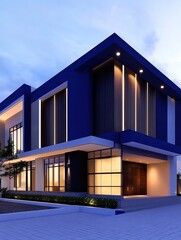 Wall Mural - Modern architectural design of a striking blue house at dusk with illuminated windows and landscaping