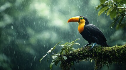 Poster - A vibrant toucan sits gracefully on a moss-covered branch amidst a serene rainforest. Raindrops fall around, creating a tranquil atmosphere filled with lush greenery