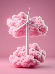 Poster - isometric 3D surreal wind turbine, floating mid-air, surrounded by soft glowing light, dreamlike landscape, soft cloud textures, ethereal atmosphere, mystical energy source
