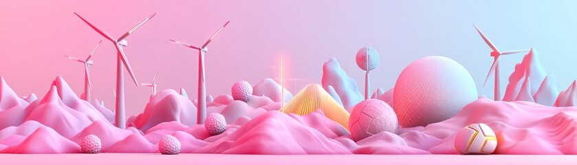 Poster - isometric 3D low-poly wind turbine in a sci-fi environment, alien terrain, extraterrestrial energy generation, glowing rock formations, vivid neon highlights, futuristic concept