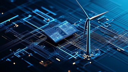 Poster - isometric 3D wind turbine concept with holographic interface, futuristic energy monitoring, high-tech UI elements, digital dashboard, ultra-modern smart grid technology, sleek visuals