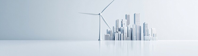 Poster - isometric 3D rendering of a micro wind turbine for urban rooftops, compact and stylish design, clean city skyline, smart city concept, renewable energy solution, modern urban environment