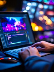 Poster - A person editing vibrant digital graphic on a tablet in a dimly lit creative workspace