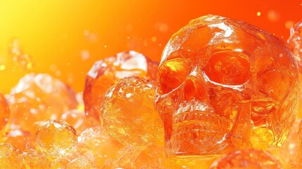 Poster - Abstract skull graphic with vibrant orange and yellow lighting surrounded by water or ice crystals, showcasing a dynamic 3d rendering style. High