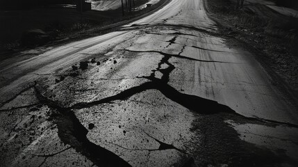 Wall Mural - A cracked road surface with visible tire tracks, illustrating the damage caused by constant use.