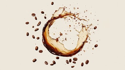 Wall Mural - A creative coffee splash with beans surrounding it, isolated with a soft, neutral background, capturing the motion.