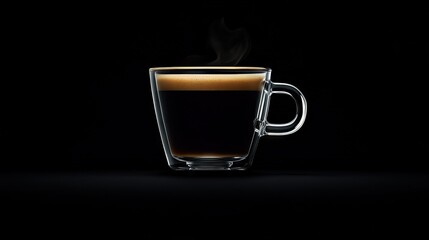 Wall Mural - A dark roast coffee in a clear cup, steam rising against the bold black backdrop, highlighting its rich aroma.