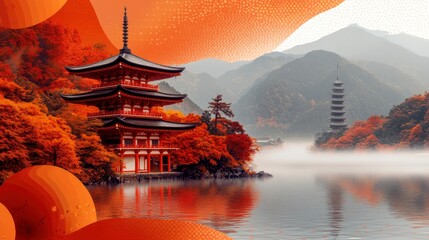 Wall Mural - A serene japanese temple, with a red pagoda, surrounded by orange trees, a misty lake, in a pixelated style, showcasing an autumnal japanese