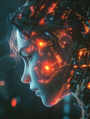 Poster - Abstract digital representation of a brain with glowing circuits in a futuristic setting during a technology inspired moment. Generative AI