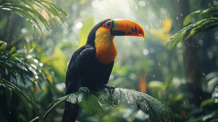 Poster - A striking toucan sits elegantly on a leaf, surrounded by rich foliage in a vibrant rainforest. Raindrops glisten on the leaves, enhancing the scene's lush beauty and tranquility