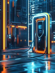 Leinwandbilder - Futuristic electric vehicle charging station in a modern high tech city with vibrant neon lights at night. Generative AI
