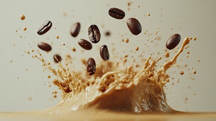 Wall Mural - A fresh coffee splash with whole beans flying out, creating a stunning effect, isolated against a neutral background.