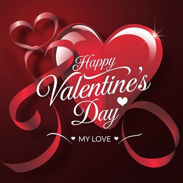 Happy Valentine's Day my love Text with glossy 3D heart as the focal point Background Wallpaper or Social Media Wishing. Ai Generated