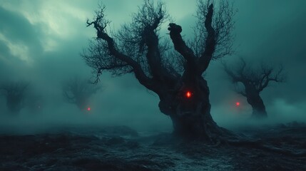 Wall Mural - Mysterious digital forest scene, dark trees with glowing eyes, foggy landscape, pixelated style, dramatic lighting, eerie atmosphere, digital art