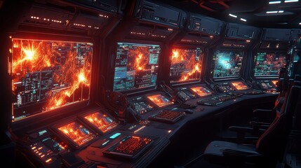 Poster - Futuristic control panel featuring glowing screens displaying data streams, dark interior, a technologically advanced design, red and orange lights