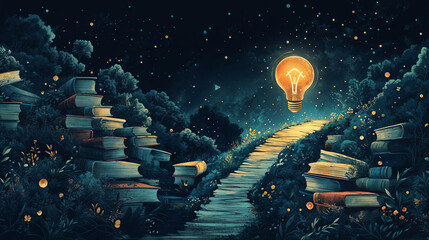 Poster - the road from books to a dream, the concept of knowledge . Generative AI