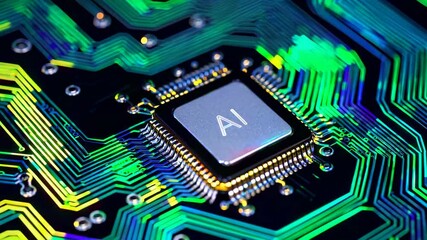 Poster - Microchip with ai technology on vibrant circuit board, close-up view. Innovation and tech advancement concept