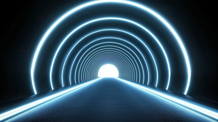 Wall Mural - illuminated tunnel with radiant blue neon circles leading to a bright end point evoking mystery and 