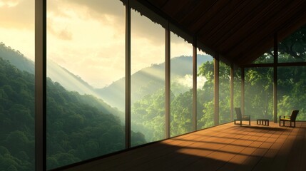 Wall Mural - Serene interior of a modern cabin overlooking lush green mountain during a golden sunset