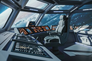 Aufkleber - Futuristic spaceship bridge with a captain's chair overlooking Earth from space.