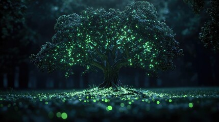 Wall Mural - Glow forest concept. A glowing tree surrounded by luminous lights in a serene nighttime forest.