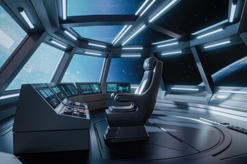 Aufkleber - Futuristic spaceship bridge with a captain's chair overlooking Earth and space.