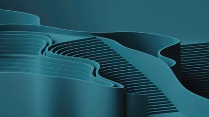 Poster - Abstract 3D rendering of a teal staircase with flowing, curved lines, creating a modern and artistic design.