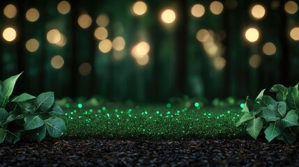 Wall Mural - Glow forest idea. Serene forest floor with glowing plants and soft lights illuminating the lush greenery.