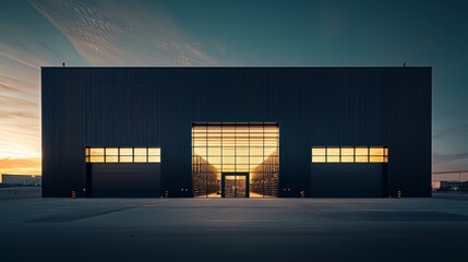 Wall Mural - Modern Industrial Building at Dusk: A sleek, dark-colored industrial building stands majestically against a twilight sky, its large glass entrance glowing warmly. The architectural design is clean.