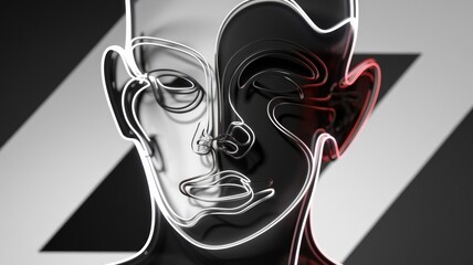 Aufkleber - Abstract portrait of a face, split into dark and light halves, created with neon line art.