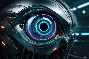 Aufkleber - A close-up of a futuristic robotic eye, glowing with vibrant blue and pink lights.