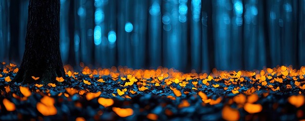 Wall Mural - Glow forest idea. A serene forest scene illuminated by glowing orange leaves under a blue sky.