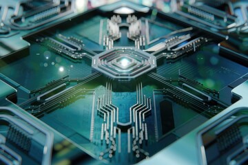Poster - Futuristic circuit board design with intricate pathways and glowing central core, showcasing advanced technology.