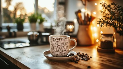 Wall Mural - A steaming hot mug of coffee placed on a kitchen counter, surrounded by soft lighting and rustic decor.