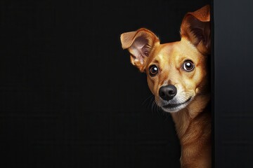 Curious brown dog peeking from behind a black surface, showcasing its playful personality and alert expression