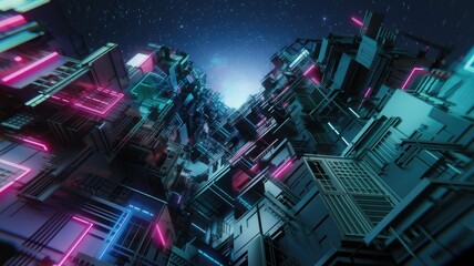 Aufkleber - A futuristic, neon-lit cityscape of complex interconnected structures extending into a starry night sky.