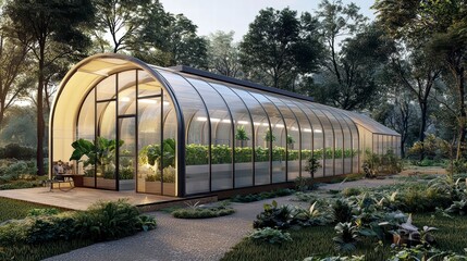 Modern Greenhouse in Woods: A sleek, curved greenhouse nestled amongst lush greenery, showcasing sustainable design and the beauty of nature's embrace.