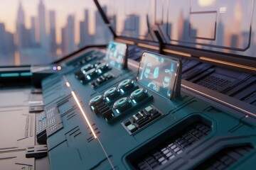 Aufkleber - Futuristic control panel with glowing buttons and digital displays against a city backdrop.