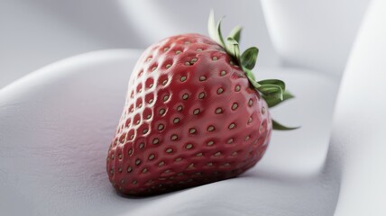 Poster - A single, ripe strawberry rests on a smooth, light gray fabric, showcasing its vibrant red color and detailed texture.