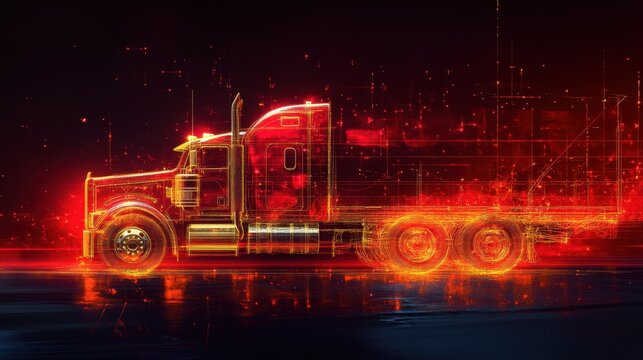 Digital transformation showcases a glowing truck in a futuristic cityscape at night