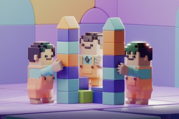 Aufkleber - Three voxel characters collaboratively build colorful block towers in a vibrant, playful scene.