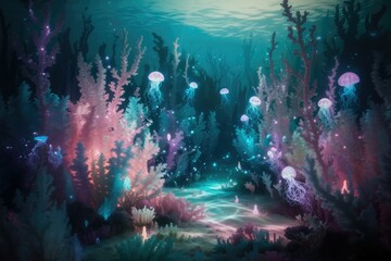 Poster - Enchanted underwater scene with glowing jellyfish and vibrant coral reefs, creating a magical, ethereal atmosphere.