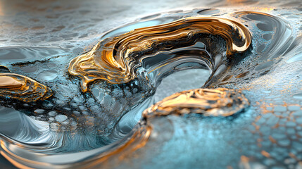 Poster - Close up of a water wave featuring gold and silver swirls in an abstract composition with flowing motion
