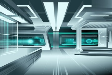 Poster - Futuristic corridor with glowing teal interfaces and sleek, modern design.
